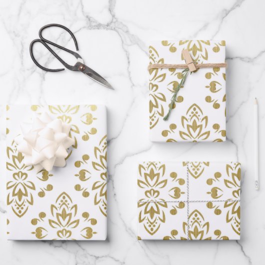 Elegant Gold Damask Floral Pattern Wedding Inpakpapier Vel (Voorkant)