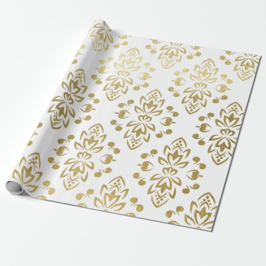 Elegant Gold Damask Floral Pattern Wedding Wrappin Cadeaupapier (Uitgerold)