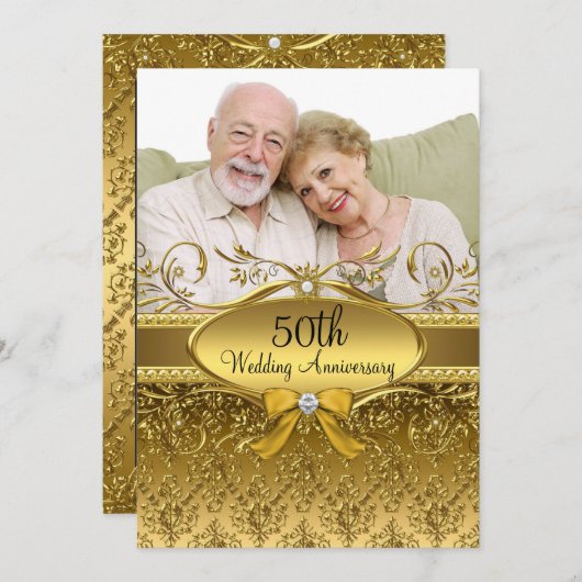 Elegant Gold Damask Foto 50e Jubileum Invite Kaart (Voorkant / Achterkant)