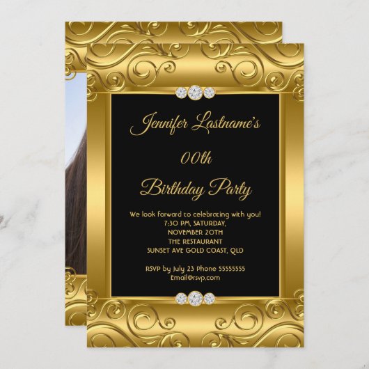 Elegant Gold Damask Foto Birthday Party Kaart (Voorkant / Achterkant)