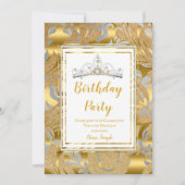 Elegant Gold Damask Gray Tiara Birthday Party Kaart (Voorkant)
