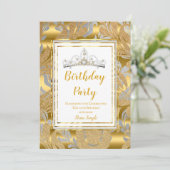 Elegant Gold Damask Gray Tiara Birthday Party Kaart (Staand voorkant)