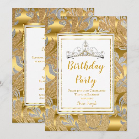Elegant Gold Damask Gray Tiara Birthday Party Kaart (Voorkant / Achterkant)