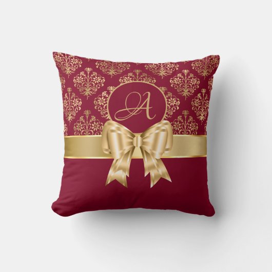 Elegant Gold Damask Monogram op Bourgogne Kussen (Voorkant)