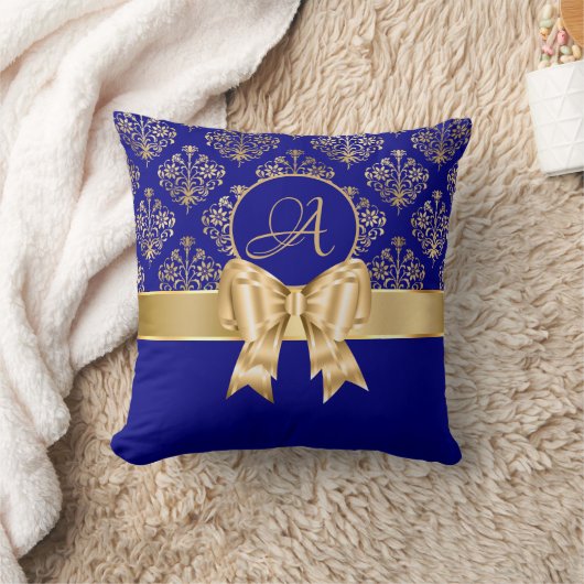 Elegant Gold Damask Monogram op Navy Blue Kussen (Deken)