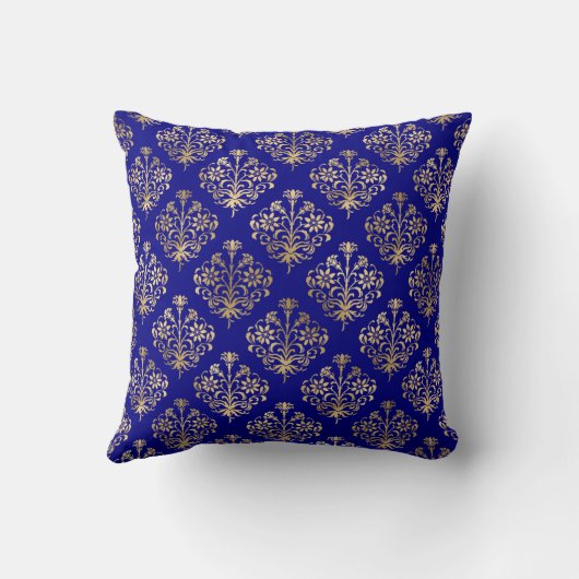 Elegant Gold Damask Monogram op Navy Blue Kussen (Achterkant)