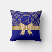 Elegant Gold Damask Monogram op Navy Blue Kussen (Voorkant)