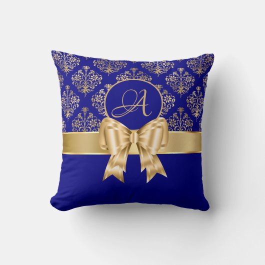 Elegant Gold Damask Monogram op Navy Blue Kussen (Voorkant)