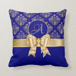 Elegant Gold Damask Monogram op Navy Blue Kussen