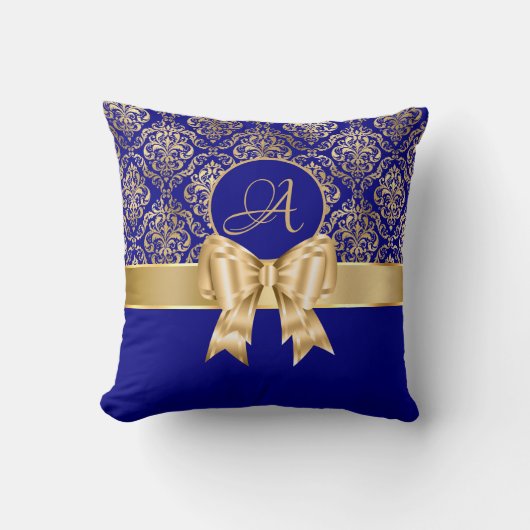 Elegant Gold Damask Monogram op Navy Blue Kussen (Voorkant)