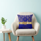 Elegant Gold Damask Monogram op Navy Blue Kussen (Stoel)