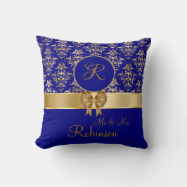 Elegant Gold Damask Monogram op Navy Blue Kussen