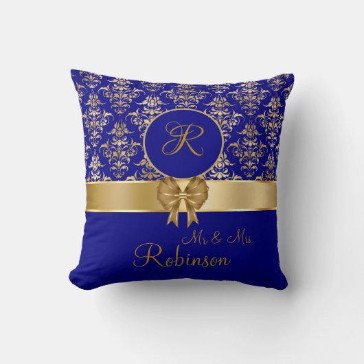 Elegant Gold Damask Monogram op Navy Blue Kussen (Voorkant)