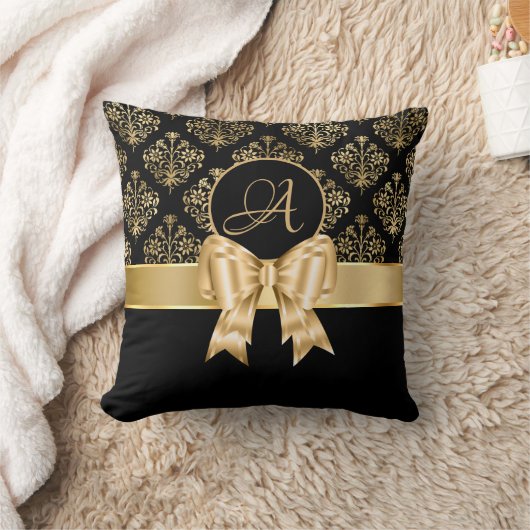 Elegant Gold Damask Monogram op zwart Kussen (Deken)