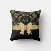 Elegant Gold Damask Monogram op zwart Kussen (Voorkant)