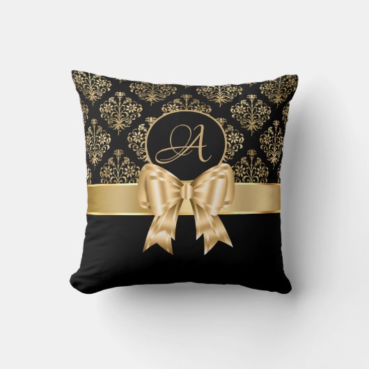 Elegant Gold Damask Monogram op zwart Kussen (Voorkant)