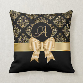 Elegant Gold Damask Monogram op zwart Kussen