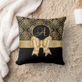 Elegant Gold Damask Monogram op zwart Kussen (Deken)