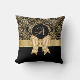 Elegant Gold Damask Monogram op zwart Kussen