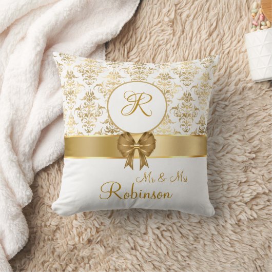 Elegant Gold Damask Monogram Wedding Gift Kussen (Deken)