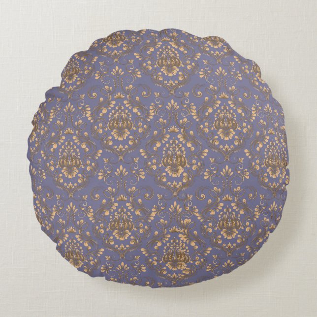 Elegant Gold Damask on Periwinkle Blue Rond Kussen (Voorkant)