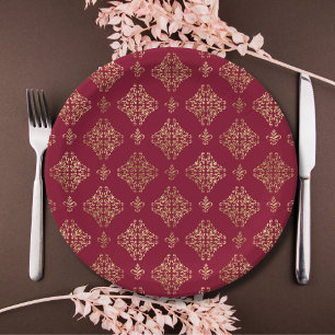 Elegant Gold Damask op Bourgogne Papieren Bordje