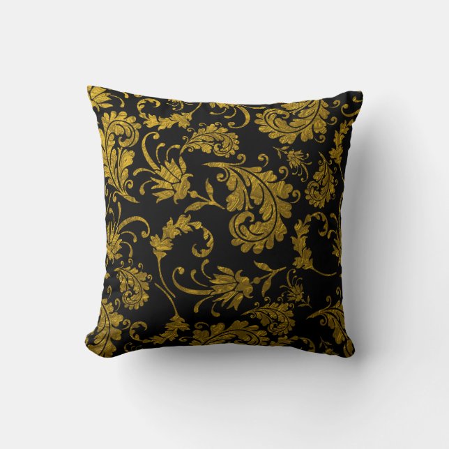 Elegant Gold Damask-patroon op zwart Kussen (Voorkant)
