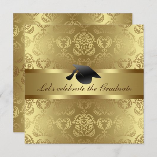 Elegant Gold Damask Pattern Black Afstuderen Pet Kaart (Voorkant / Achterkant)