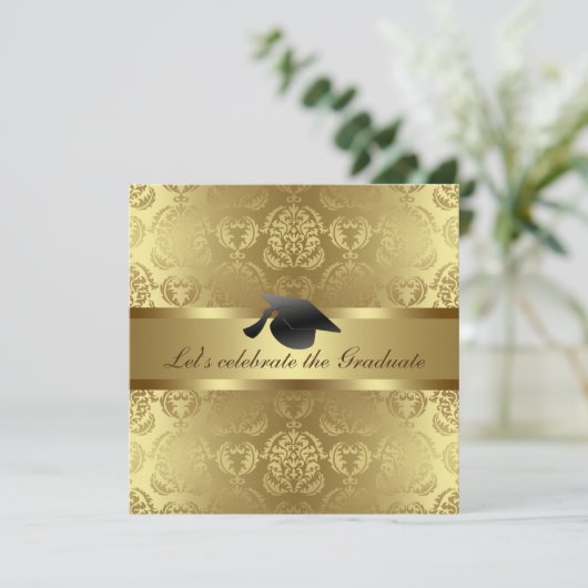 Elegant Gold Damask Pattern Black Afstuderen Pet Kaart (Staand voorkant)