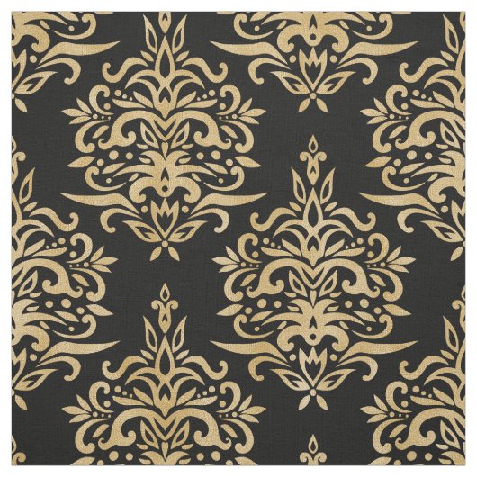 Elegant  Gold Damask Pattern Black Stof (Swatch)