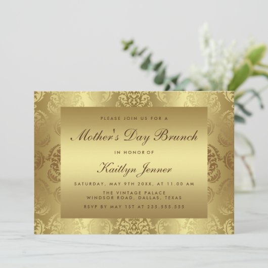 Elegant Gold Damask Pattern Moederdag Brunch Kaart (Staand voorkant)