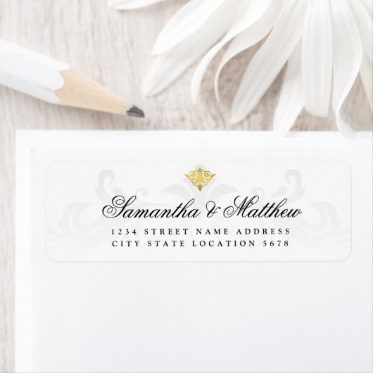 Elegant  Gold Damask Script Weduwadres Etiket (Insitu)