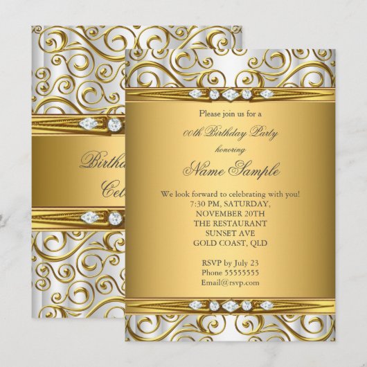 Elegant Gold Damask White Diamond Birthday Party Kaart (Voorkant / Achterkant)