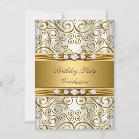 Elegant Gold Damask White Diamond Birthday Party Kaart (Achterkant)