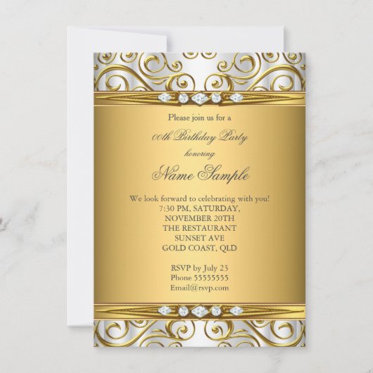 Elegant Gold Damask White Diamond Birthday Party Kaart (Voorkant)