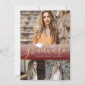 Elegant Gold Dark Red Afstuderen 3 foto's Afstuder Aankondiging (Voorkant)