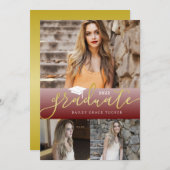 Elegant Gold Dark Red Afstuderen 3 foto's Afstuder Aankondiging (Voorkant / Achterkant)