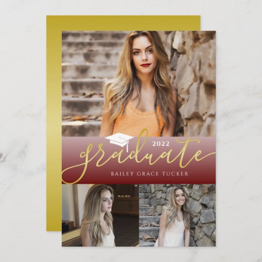 Elegant Gold Dark Red Afstuderen 3 foto's Afstuder Aankondiging (Voorkant / Achterkant)