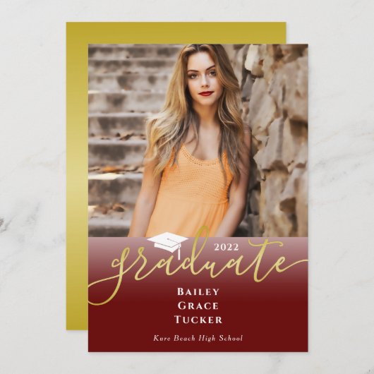 Elegant Gold Dark Red Photo Afstuderen Invitation Kaart (Voorkant / Achterkant)