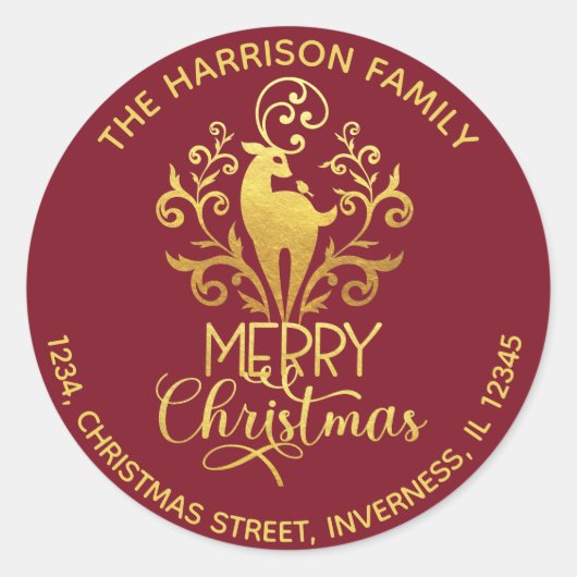 Elegant Gold Deer Merry-kerstadres Rood Ronde Sticker (Voorkant)
