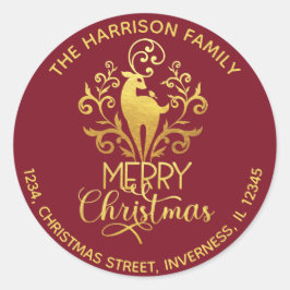 Elegant Gold Deer Merry-kerstadres Rood Ronde Sticker