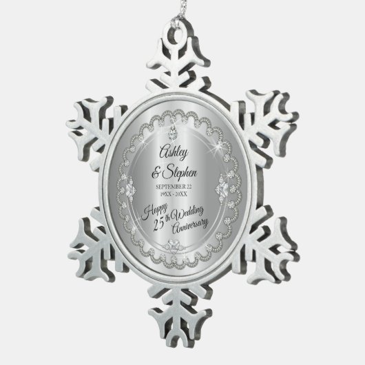 Elegant Gold Diamonds 25th Wedding Jubileum Tin Sneeuwvlok Ornament (Rechts)