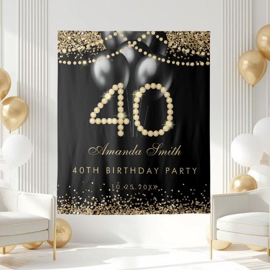 Elegant Gold Diamonds 40th Birthday Party Backdrop Wandkleed