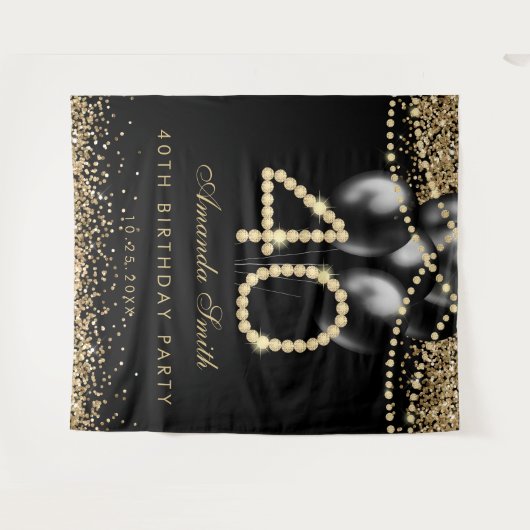 Elegant Gold Diamonds 40th Birthday Party Backdrop Wandkleed (Voorkant (horizontaal))