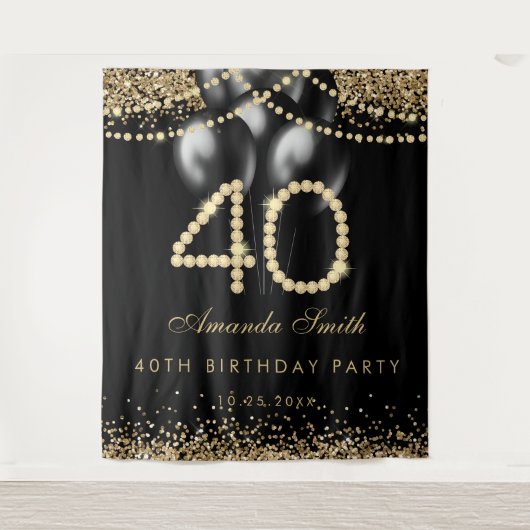 Elegant Gold Diamonds 40th Birthday Party Backdrop Wandkleed (Voorkant)
