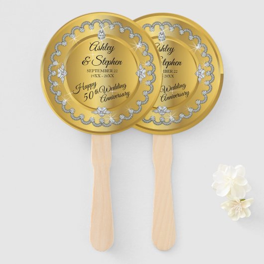 Elegant Gold Diamonds 50th Wedding Jubileum Handwaaier (Voorkant en achterkant)