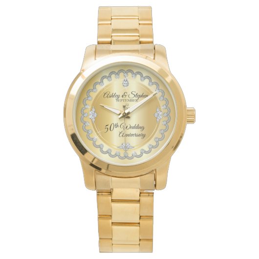 Elegant Gold Diamonds 50th Wedding Jubileum Horloge (Voorkant)