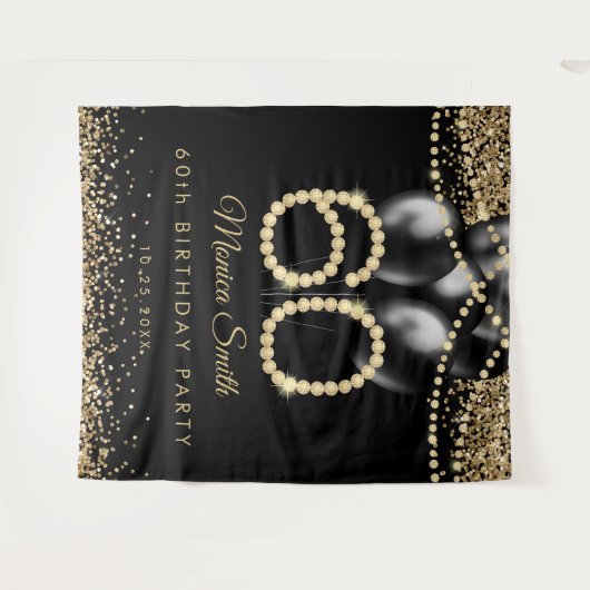 Elegant Gold Diamonds 60th Birthday Party Backdrop Wandkleed (Voorkant (horizontaal))