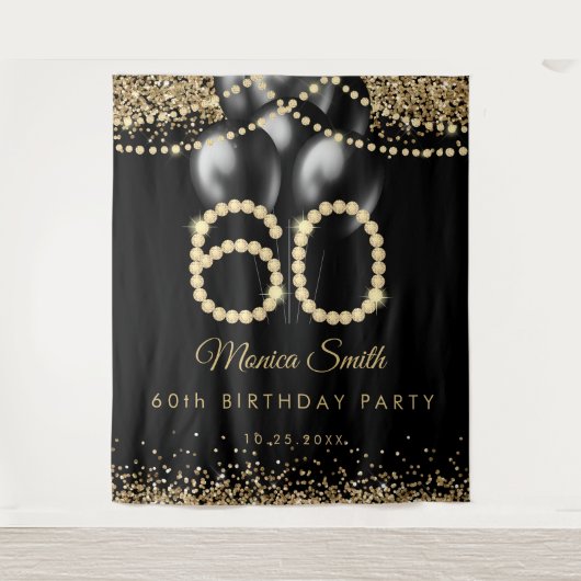 Elegant Gold Diamonds 60th Birthday Party Backdrop Wandkleed (Voorkant)