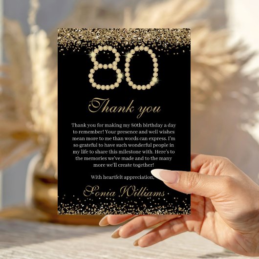 Elegant Gold Diamonds 80th Birthday Thank You Card Bedankkaart